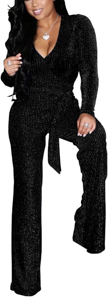 LightlyKiss Women Casual V Neck Sparkly Jumpsuits Long Sleeve Onesie Loose Pants Party Clubwear w... | Amazon (US)