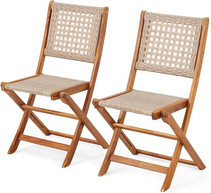 Outdoor Folding Chairs Set of 2, Wooden Patio Dining Chairs with High Back, Grey Rattan Farmhouse... | Amazon (US)