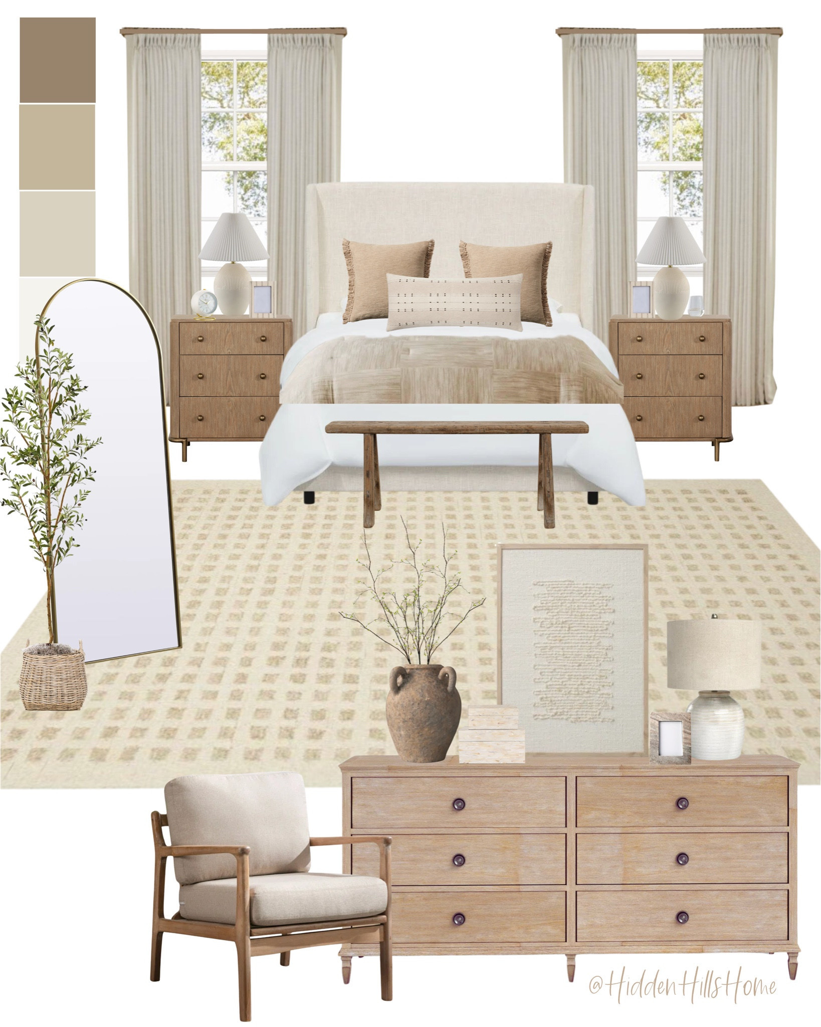 Cozy neutral bedroom! Bedroom rug, Nightstands, home decor, Swipe to see the mood board! This rendering is so beautiful! It’s the perfect cozy bedroom for a master suite or guest room! #bedroom

#LTKHome #LTKSaleAlert #LTKSeasonal