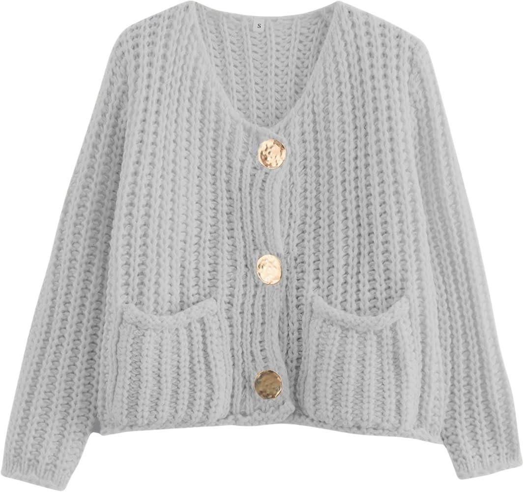 FindThy Women’s Cropped Knit Cardigan Long Sleeve Crewneck Button Down Fall Sweater with Pocket... | Amazon (US)