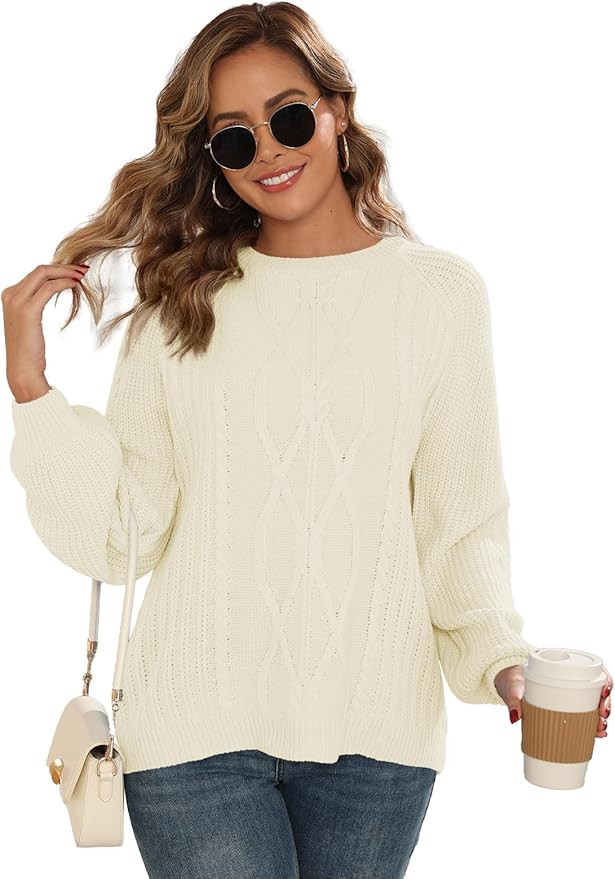 Women's Cable Knit Crewneck Sweaters 2025 Fall Winter Long Sleeve Casual Chunky Knit Sweater Pull... | Amazon (US)