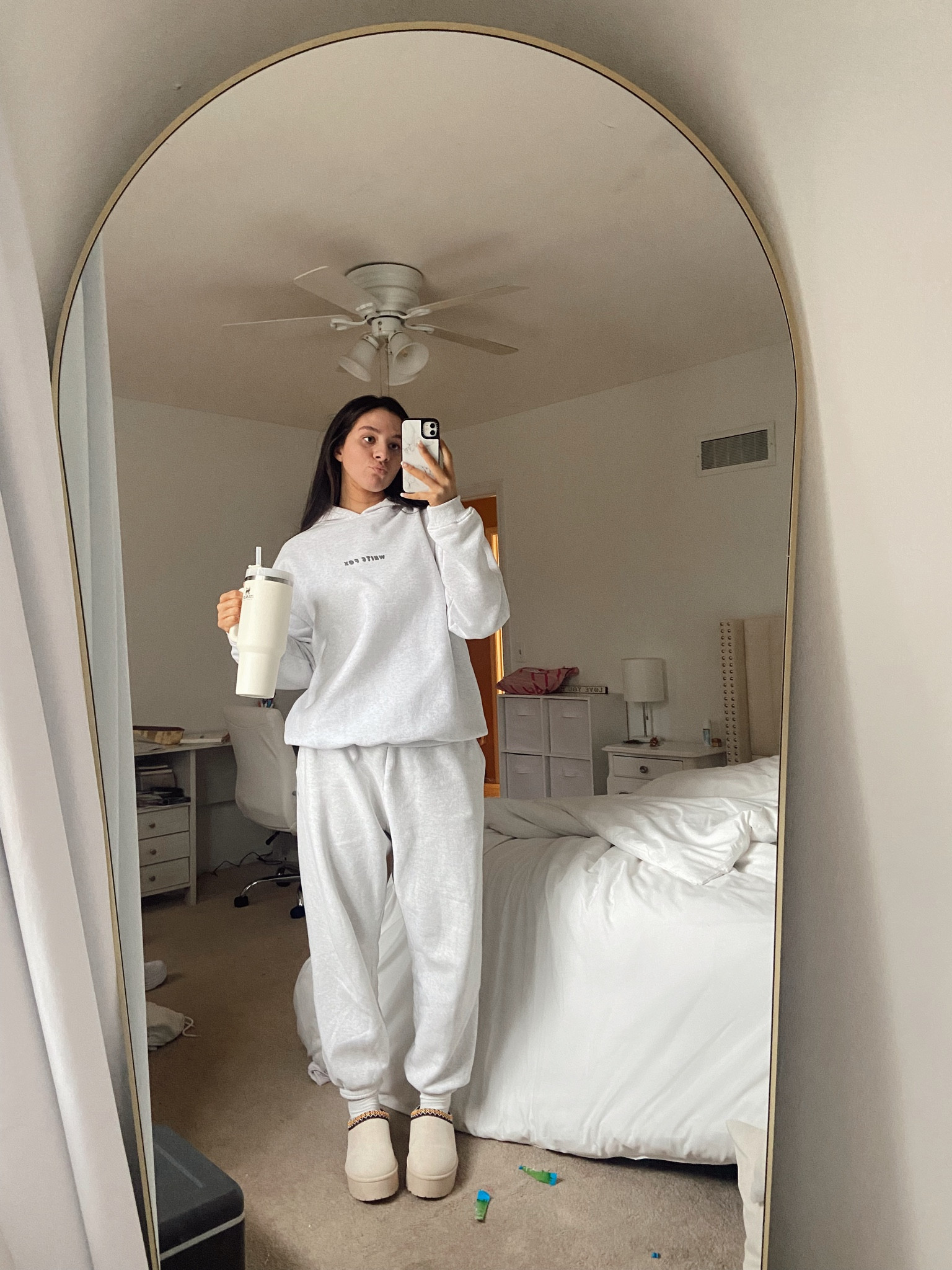 Slippers: true to size (wearing 9.5)
Sweats: Heather Cloud White (size reg, L) 