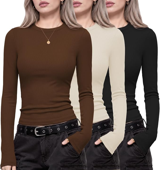 Womens 3 Pack Long Sleeve Shirts Rib Knit Slim Fit Tops Basic Tee | Amazon (US)
