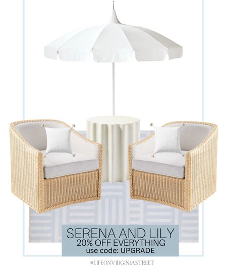 Grab 20% off at Serena and Lily with code: UPGRADE! This sale includes these outdoor seats, outdoor throw pillows, patio umbrella, outdoor rug, outdoor side table, and more! 

coastal patio, coastal living, coastal style, serena and lily outdoor decor, serena and lily, patio furniture, porch decor, poolside furniture, courtyard, courtyard furniture, coastal home, beach house, beach house decor, serena and lily sale, furniture sale

#LTKhome #LTKstyletip #LTKSeasonal