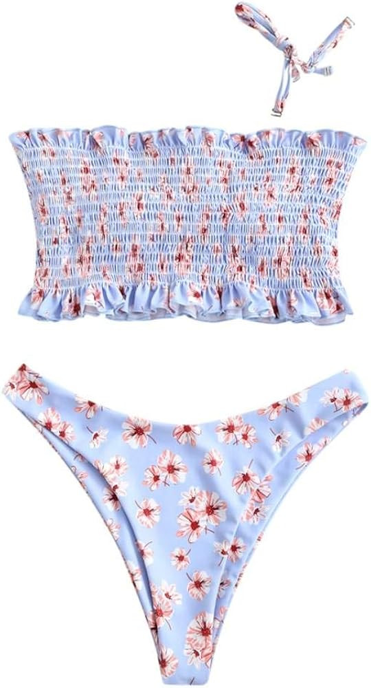 ZAFUL Women Swimsuit Smocked Frilled Bathing Suit Daisy Tie Dye Bikini Set | Amazon (US)