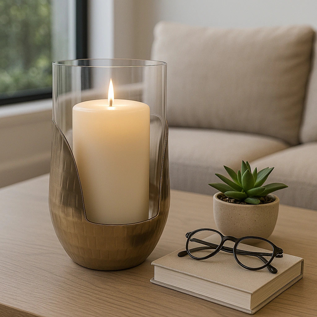 Decorative Glass Hurricane Candle Holder with Metal Base - Gold & Clear - 8.25" | Overstock