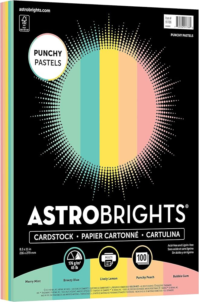 Astrobrights Punchy Pastel Assortment Cardstock, 8.5" x 11", 65 lb. 5-Color Assortment, 100 Sheet... | Amazon (US)
