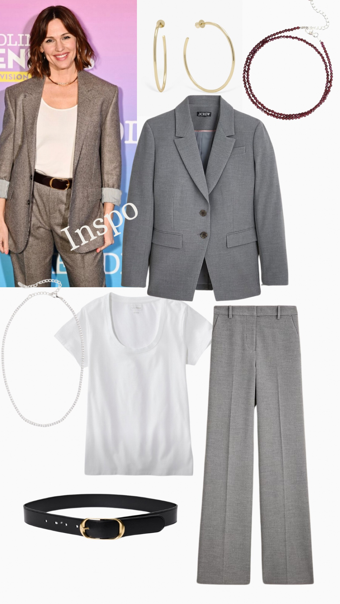Celeb Inspo - Jennifer Garner women’s grey tailored pantsuit.

Grey blazer & Wide Leg Trouser: J.Crew
White Scoopneck Tee: L.L. Bean
Black Leather Belt: Aritzia
Tennis Choker: Adina Eden
Beaded Red Necklace: Amazon
Gold Hoops: Melinda Maria

#LTKStyleTip #LTKSeasonal #LTKWorkwear