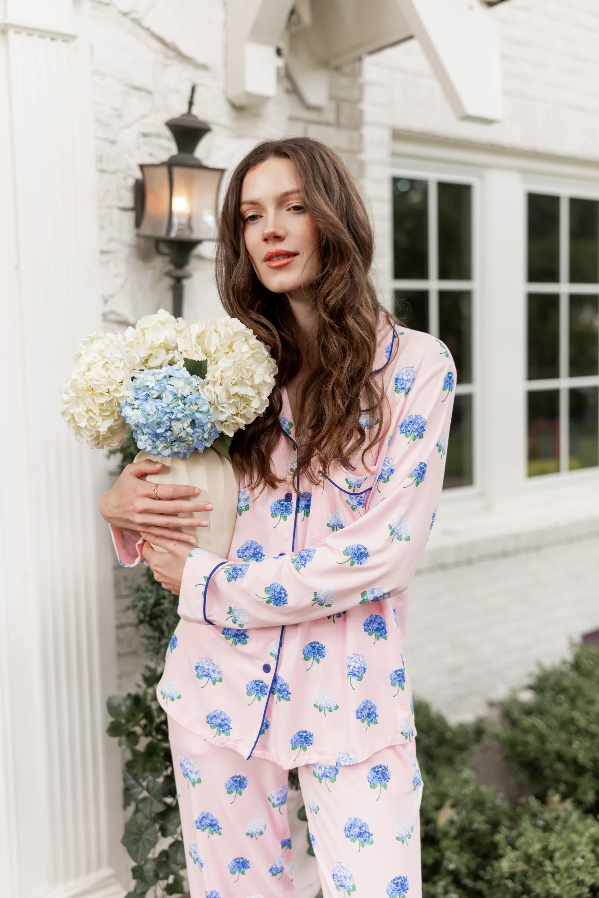 Long-Sleeved Women's Pajama Set in Sakura Hydrangea | Kyte Living