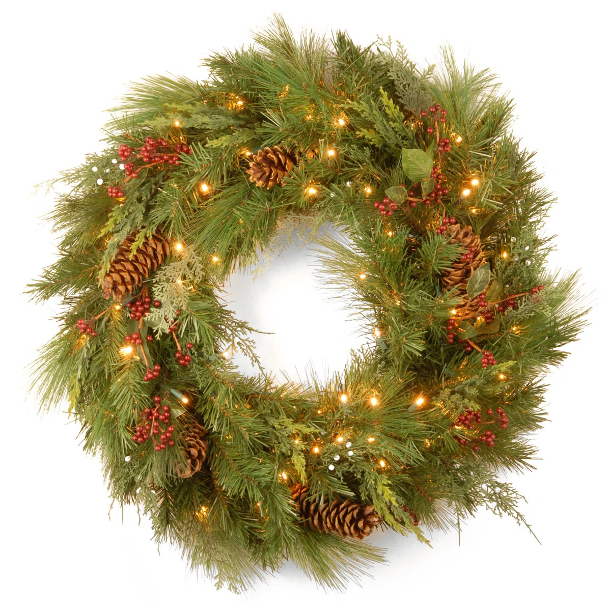 30 in. White Pine Wreath with Battery Operated Warm White LED Lights | Wayfair North America