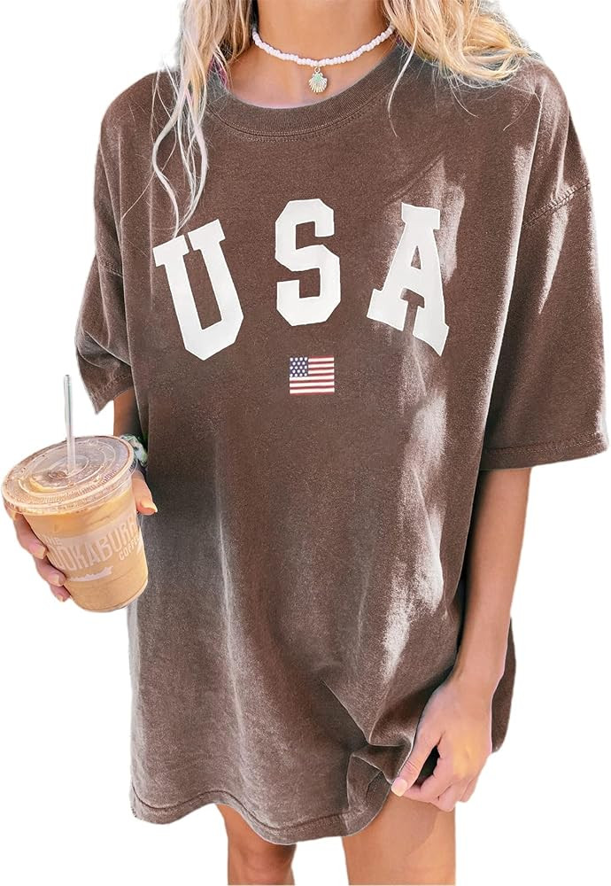 Remidoo Women's Casual Short Sleeve Graphic Oversized T Shirt Loose Letter Print Tee Top Blouse | Amazon (US)