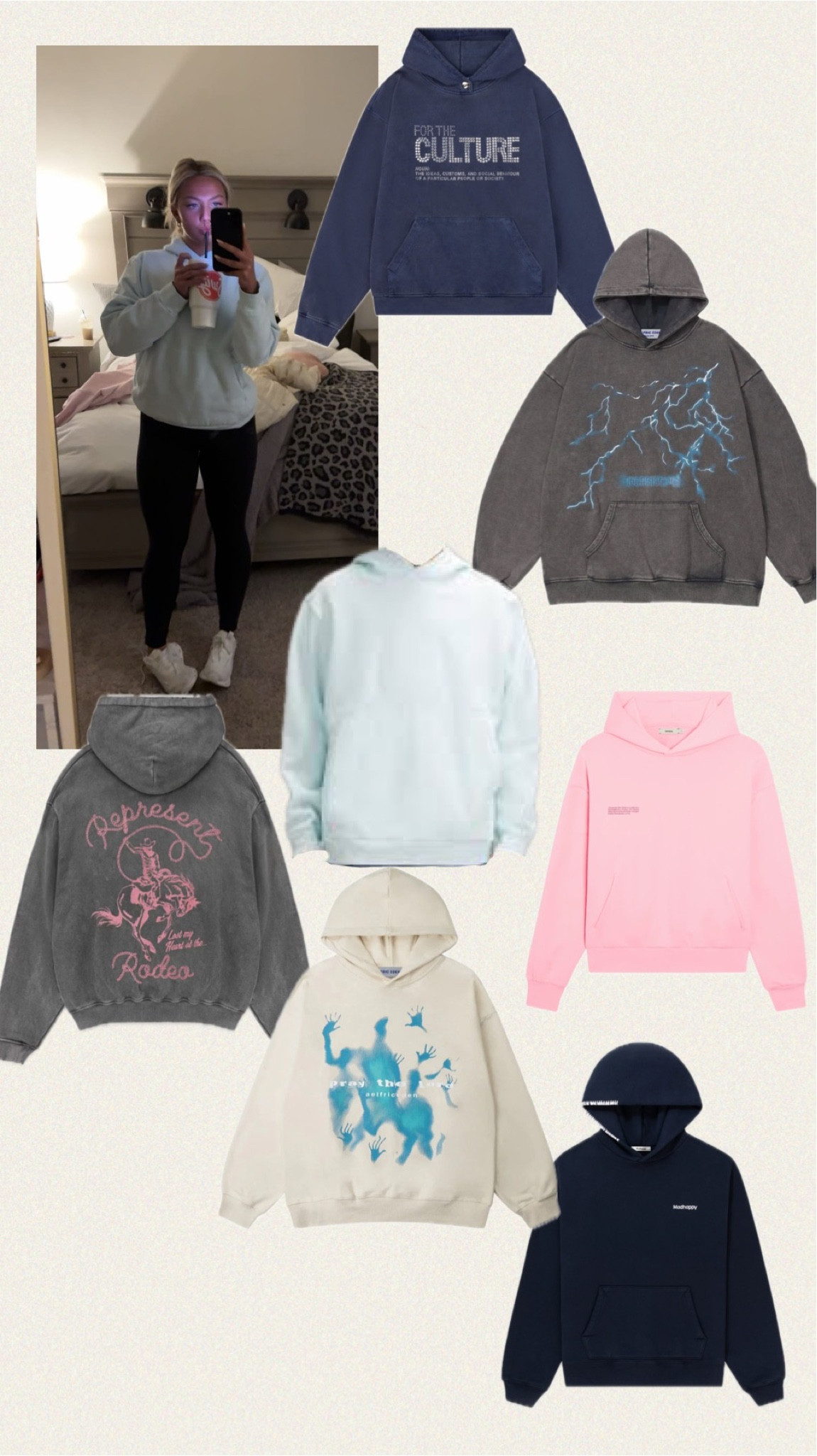 Navy hoodie is MADHAPPY, Rodeo hoodie is REPRESENT CLOTHING 