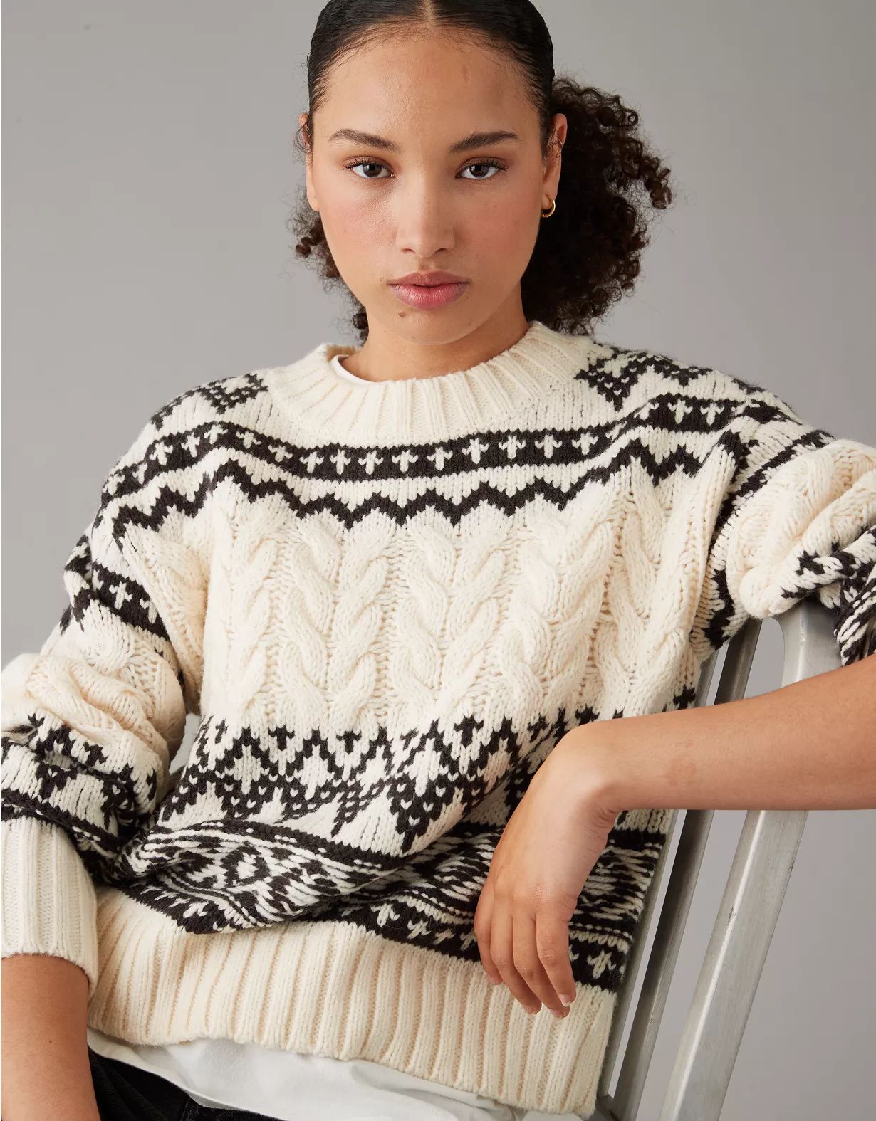 AE Fair Isle Cable-Knit Crewneck Sweater | American Eagle Outfitters (US & CA)