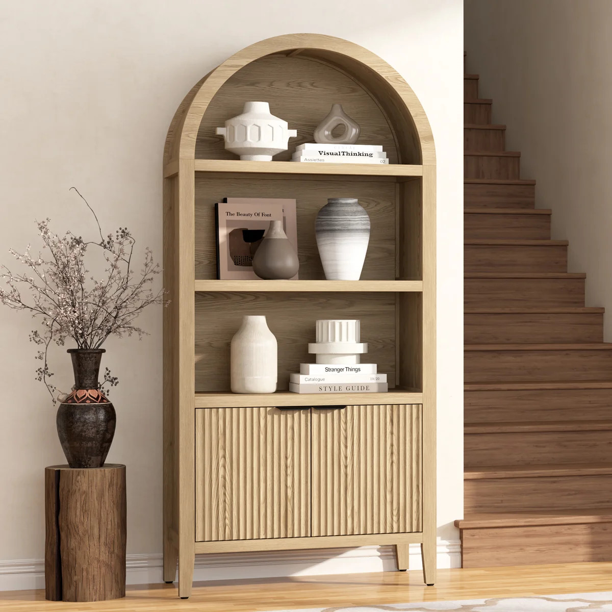 71" Tall  Arched Bookcase with Fluted Doors and Open Shelf | Wayfair North America
