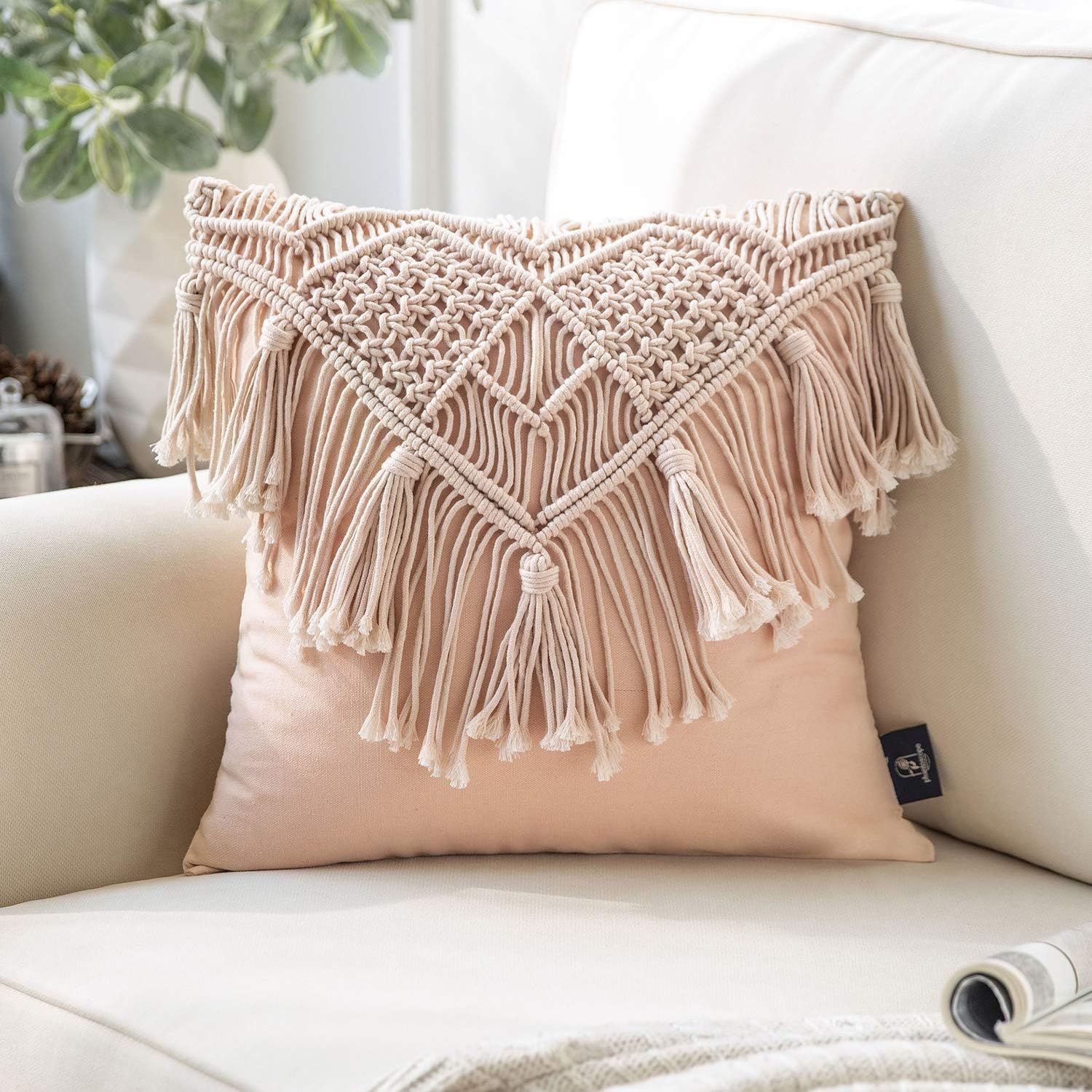 Phantoscope 100% Cotton Handmade Crochet Woven Boho Throw Pillow Farmhouse Pillow Insert Included... | Amazon (US)