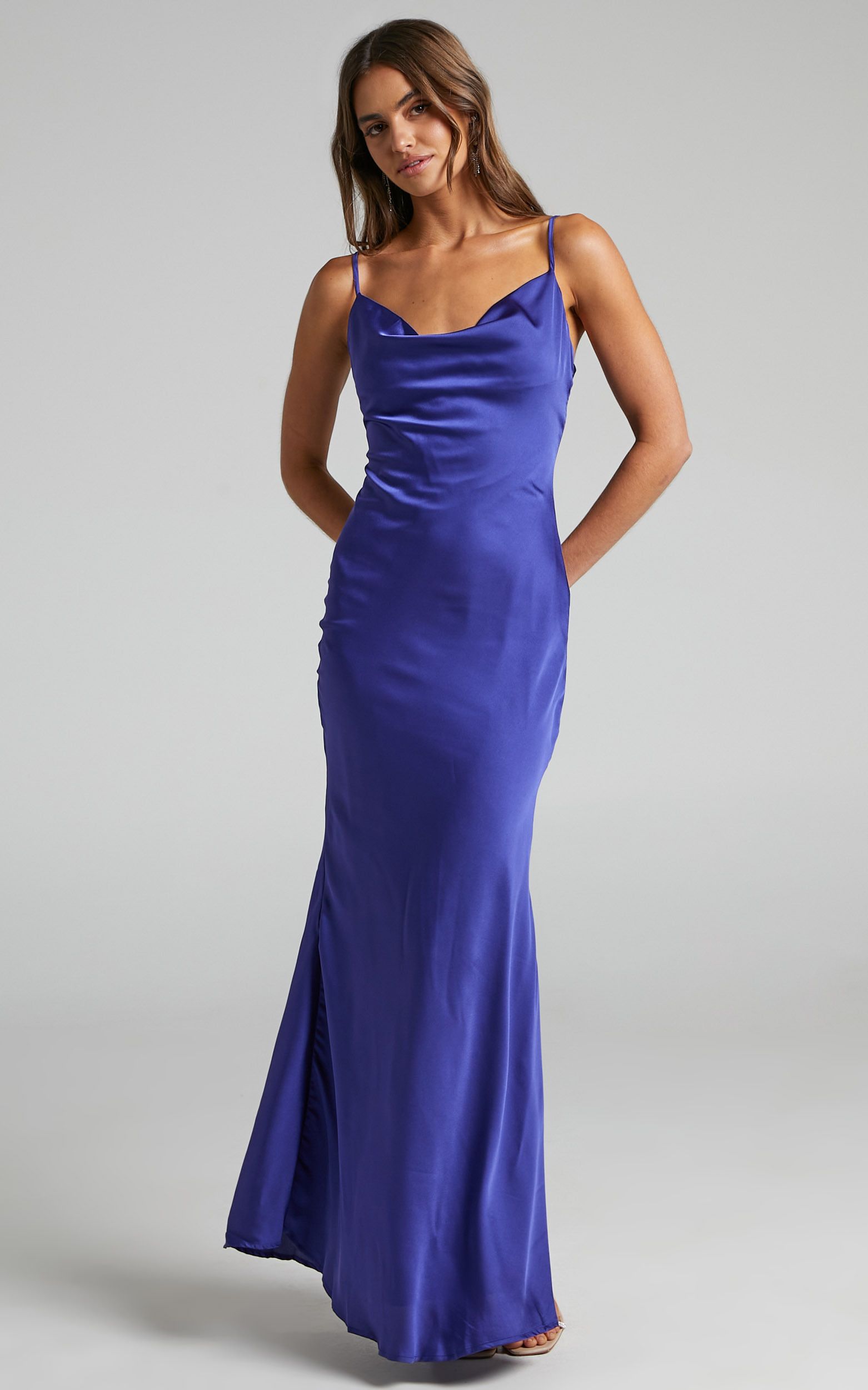 Lunaria Cowl Mermaid Maxi Slip Dress in Blue | Showpo (US, UK & Europe)