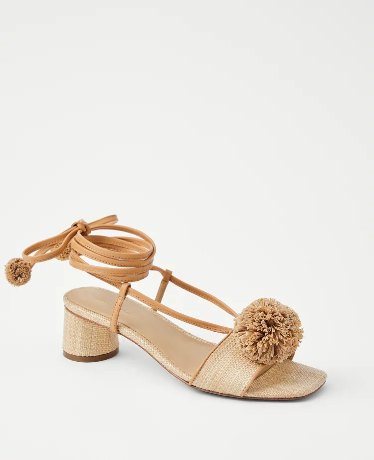 Pom Pom Mid Block Heel Sandals | Ann Taylor (US)