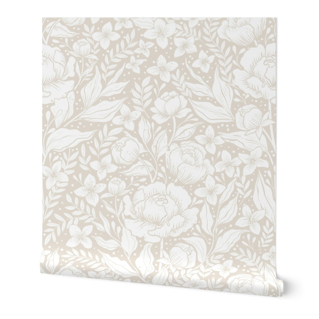 Wallpaper in Peonies -neutral botanical Art Nouveau large scale Victorian wallpaper | Spoonflower