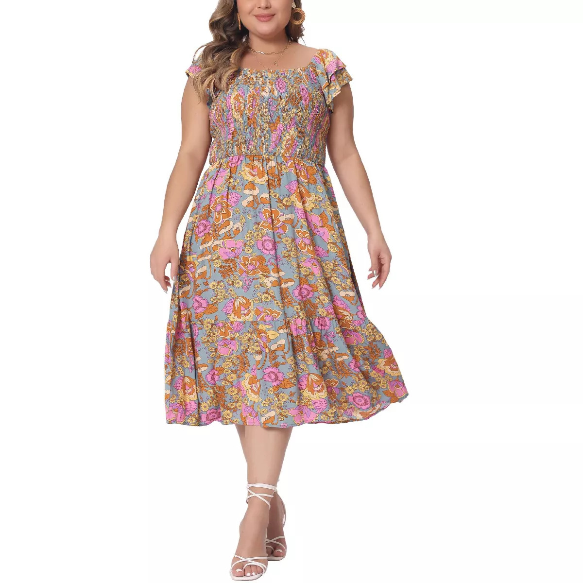 Agnes Orinda Women's Plus Size Square Neck Flutter Sleeve Smocked High Waist Flowy Floral Midi A ... | Target