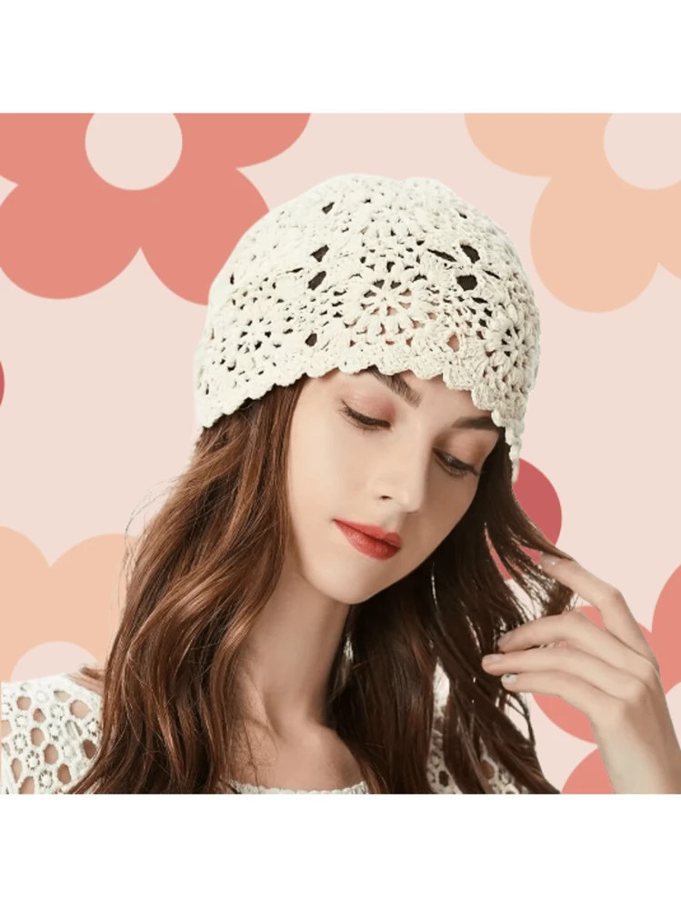 Vintage Flower Crochet Beanie Solid Color Hollow Out Breathable Knit Hats Elegant Skull Cap Beani... | SHEIN