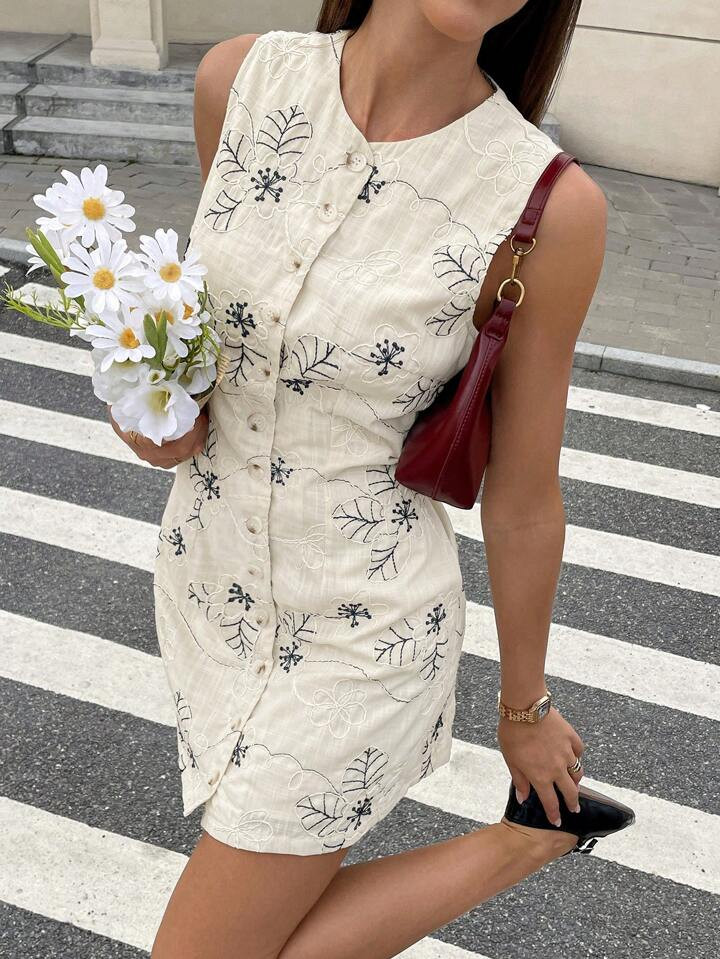 Serisse Women Floral Embroidered Single-Breasted Round Neck Sleeveless Casual Mini Dress Summer Dresses For Women,Shirt Dresses For Women | SHEIN