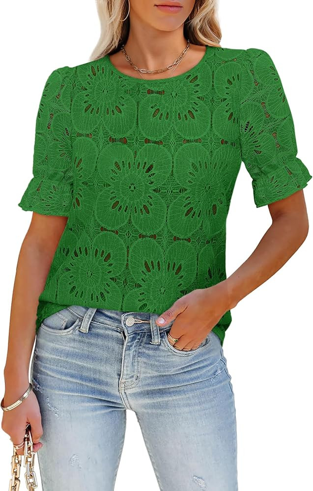 Women's Eyelet Tops Puff Short Sleeve Blouses Dressy Casual Cute Hollow Out Crochet Lace Embroide... | Amazon (US)
