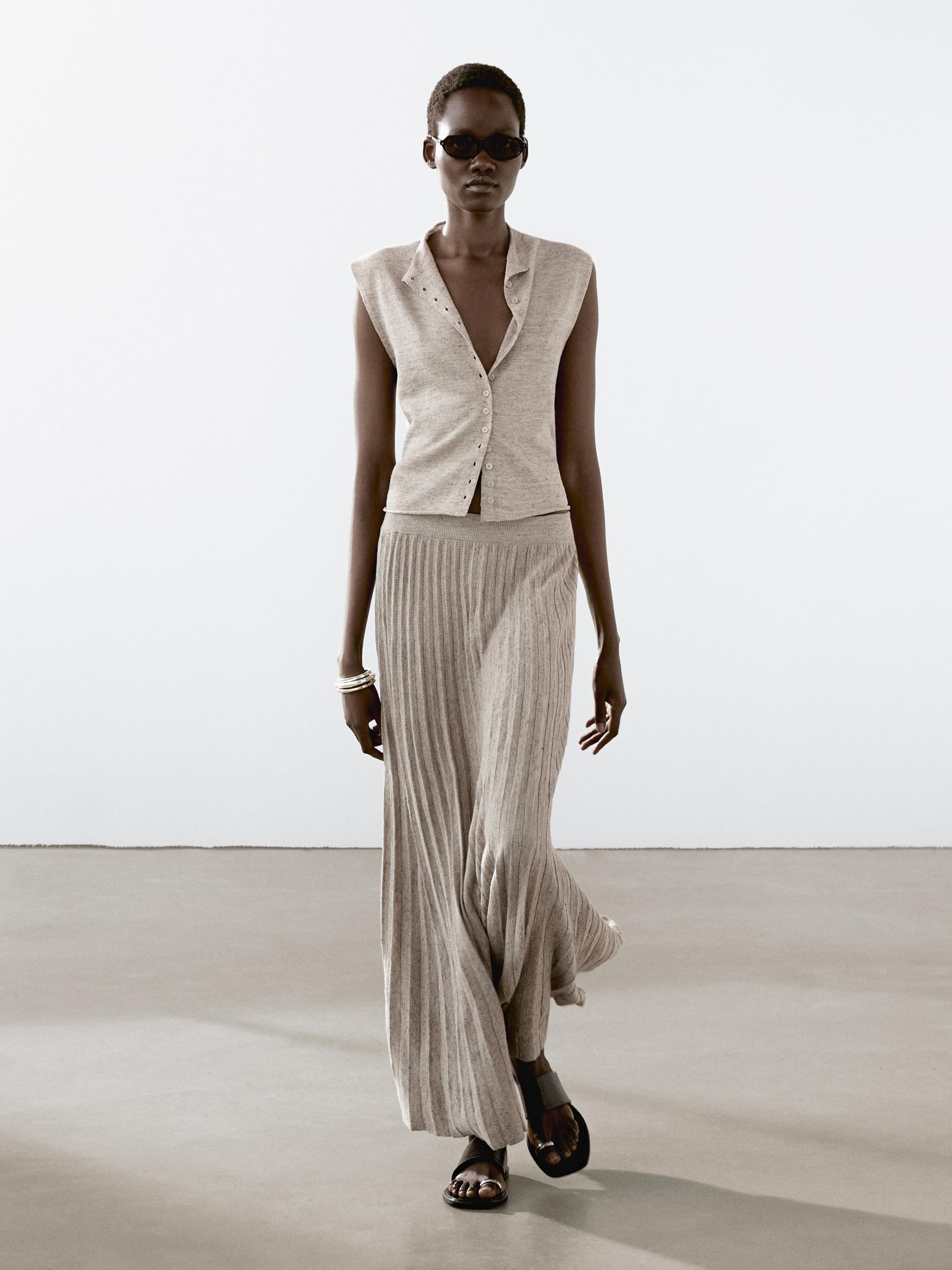 Melange linen blend midi skirt | Massimo Dutti US
