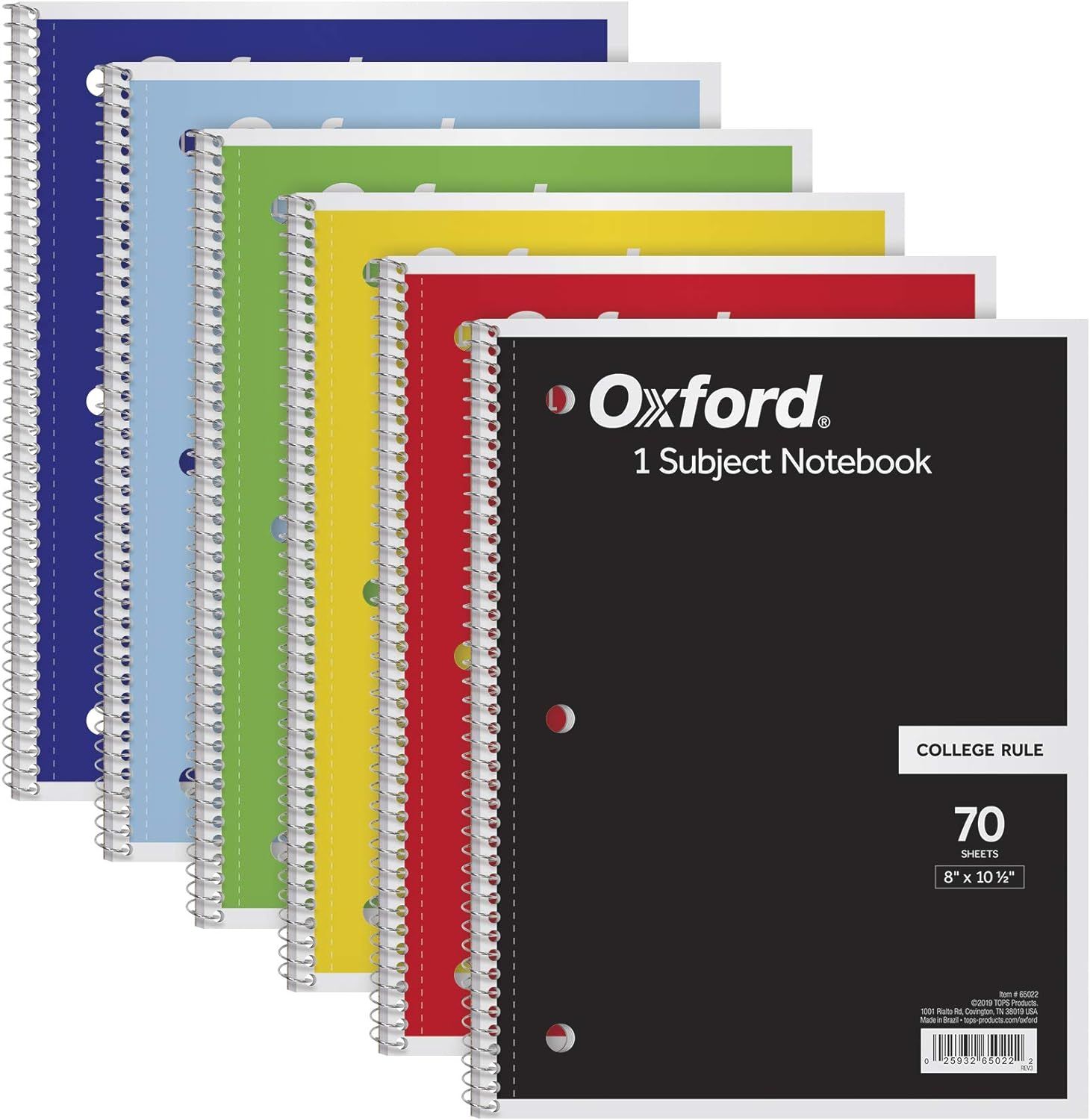 Oxford Spiral Notebook 6 Pack, 1 Subject, College Ruled Paper, 8 x 10-1/2 Inch, Color Assortment ... | Amazon (US)