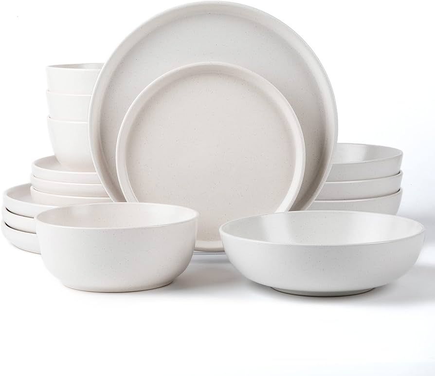 SKUGGA Round Stoneware 16pc Double Bowl Dinnerware Set for 4, Dinner and Side Plates, Cereal and ... | Amazon (US)