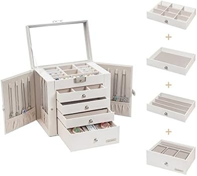 Large Jewelry Boxes for Women with Drawers, Lock and Mirror, 5 Tier Jewelry Organizer Box for Earrin | Amazon (US)
