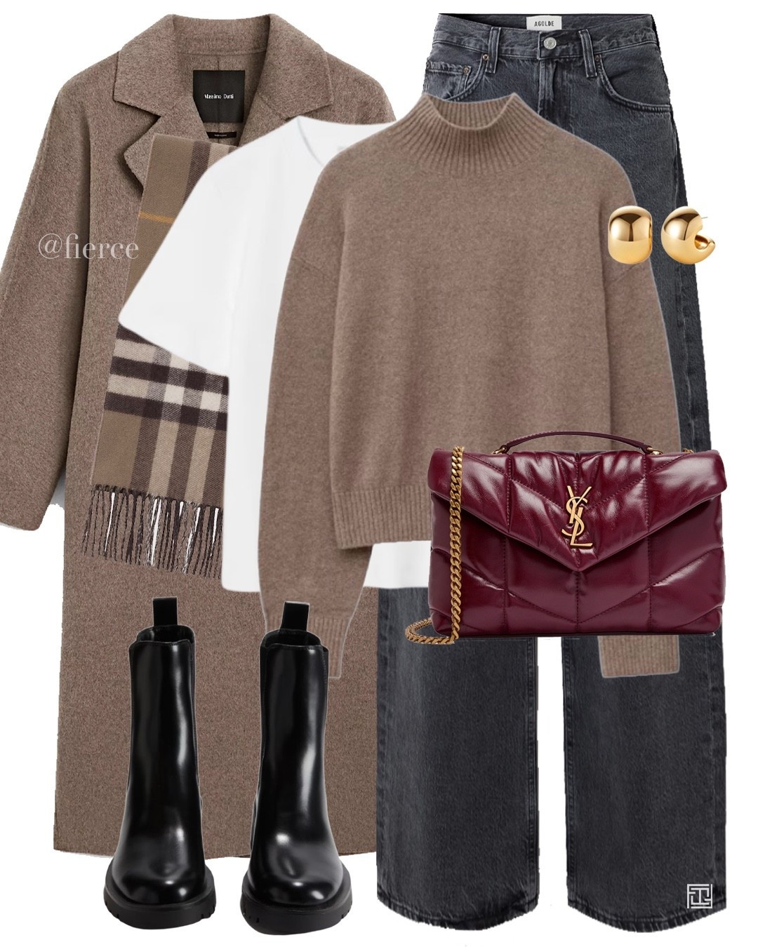 Taupe beige  wool coat taupe beige high neck jumper grey jeans burgundy Ysl padded bag black flat ankle boots checked scarf casual chic outfit weekend lunch 

#LTKwinter #LTKuk #LTKeurope