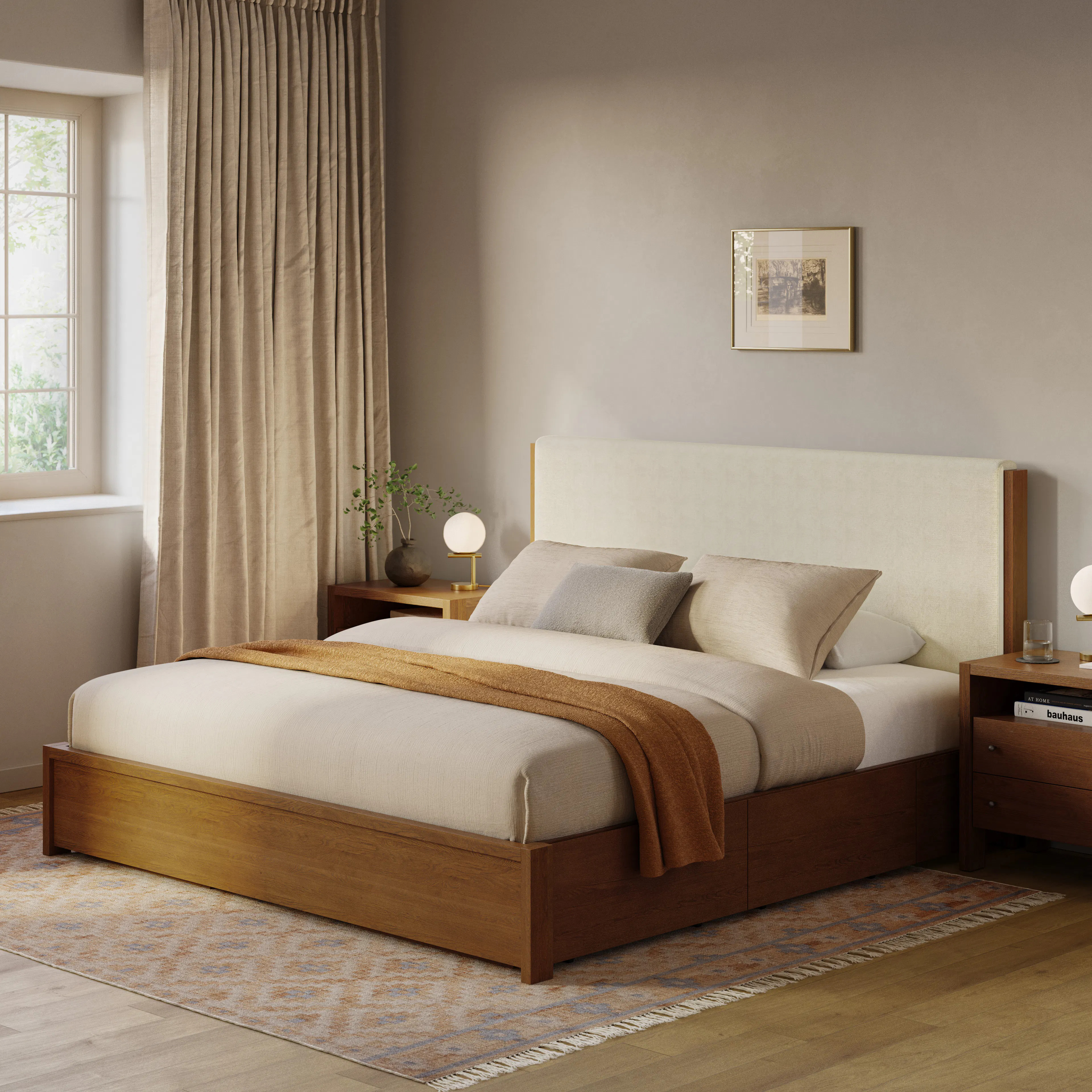 Cassie King Upholstered Storage Bed - Smoked Oak and Taupe Chenille | Article