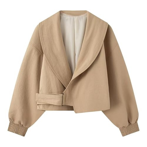 CUFEZN Women's Fall Casual Cropped Coat Open Front Loose Dressy Blazer Jacket Short Trench Coat Khaki Medium | Amazon (US)