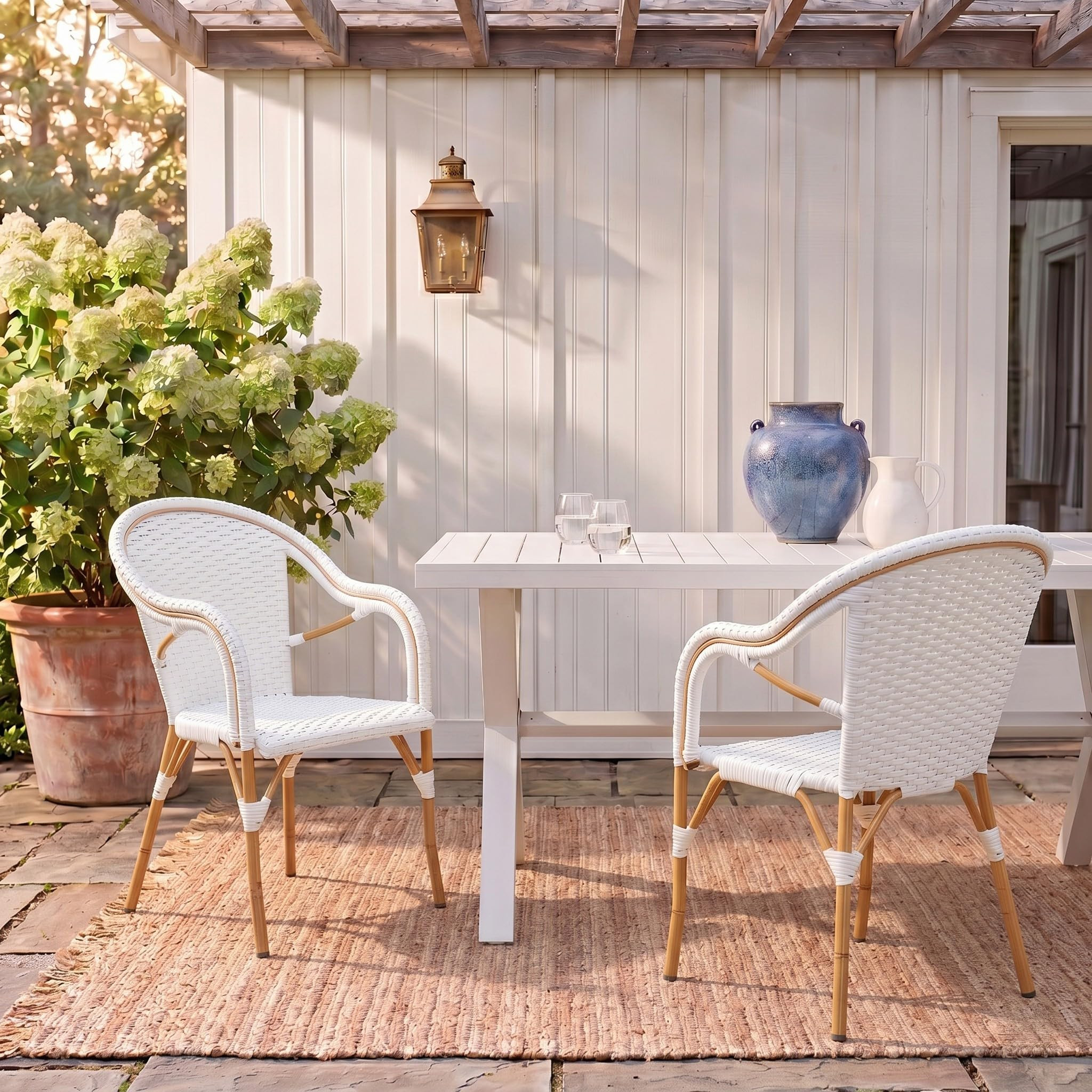 SAFAVIEH Outdoor - California Armchair Set of 2 - White - Faux Wicker & Aluminum Frame - Woven Bistro Design with Arms - Ideal for Patio, Deck, Sunroom, Dining Area, 17.3" Seat Height (PAT7531C-SET2) | Amazon (US)