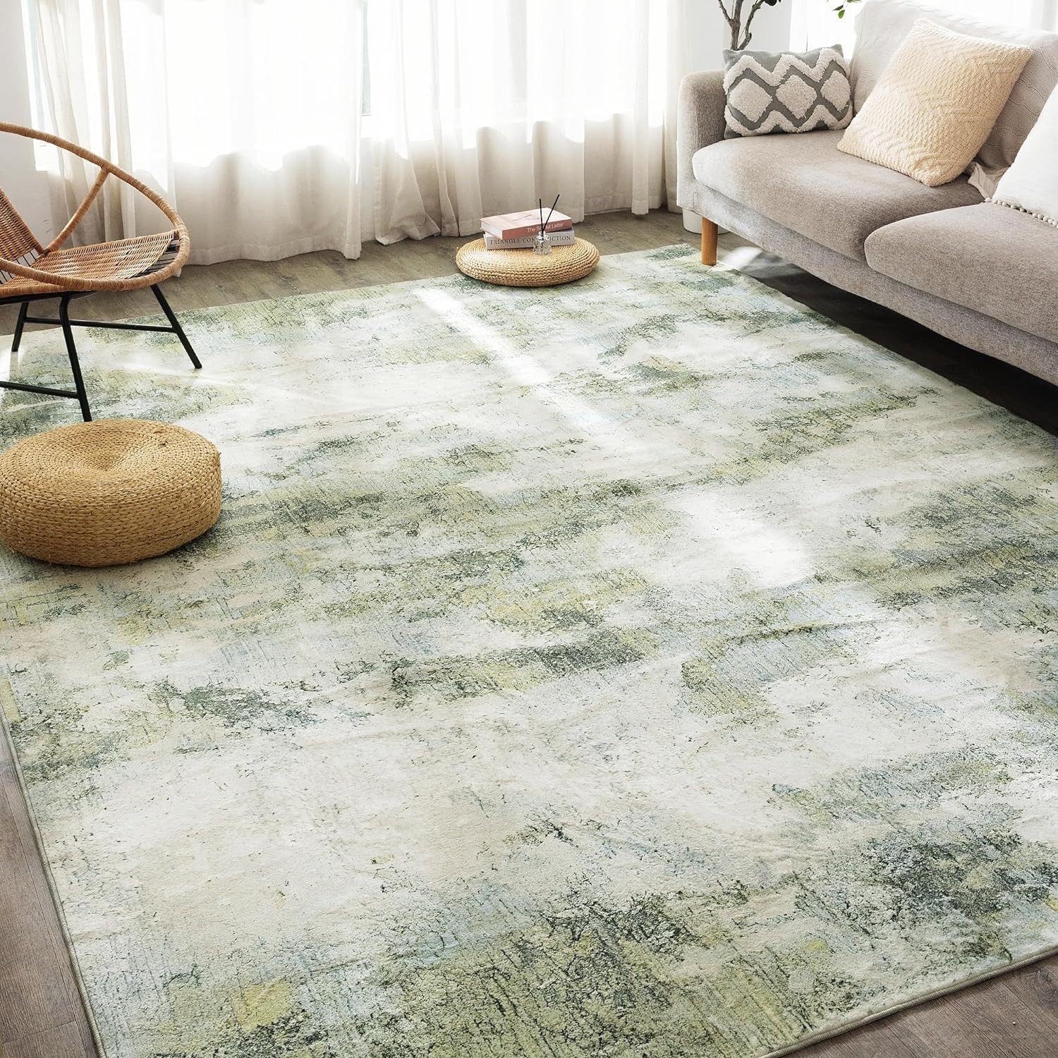 Carvapet Rugs for Living Room, Green Modern Soft Abstract Low Pile Large Carpet with Rubber Backi... | Amazon (US)