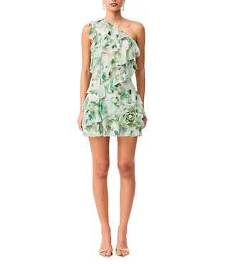 Solene Floral Print Georgette One-Shoulder Sleeveless Ruffle Flower Trim Mini Dress | Dillard's