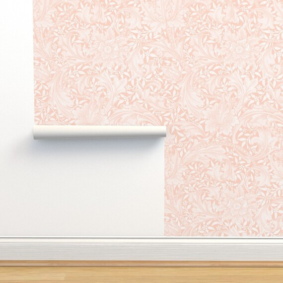 Floral Wallpaper  Single Stem  White on Blush by - Etsy | Etsy (US)