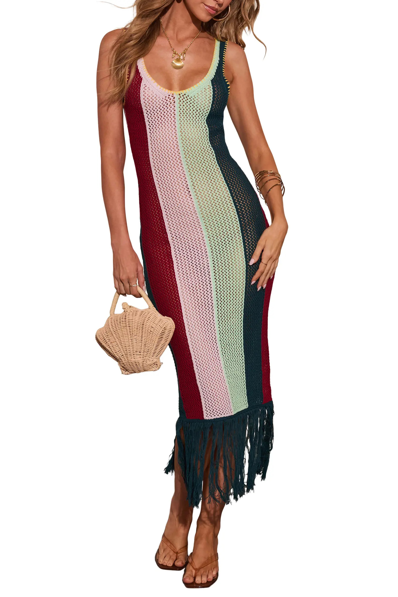VICI Collection Marrion Stripe Open Stitch Fringe Midi Dress (Women) | Nordstrom | Nordstrom