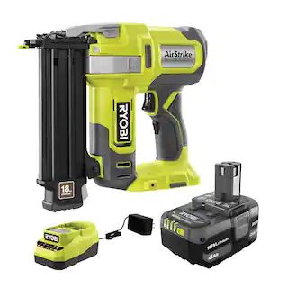 RYOBI ONE+ 18V 18-Gauge Cordless AirStrike Brad Nailer with 4.0 Ah Battery and Charger P321K1N - ... | The Home Depot