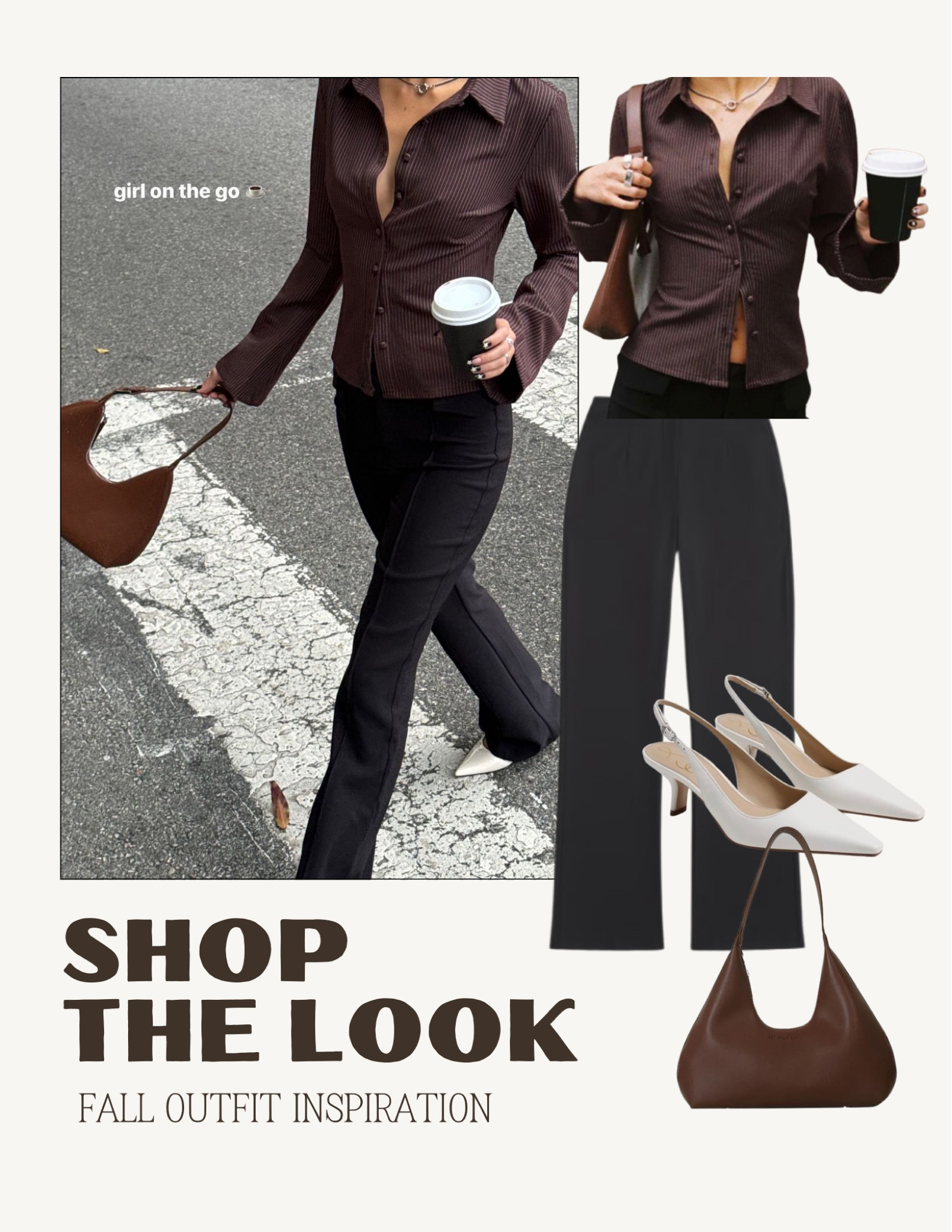 fall outfit idea: brown pinstripe long sleeve shirt, slim black pants/trousers, white kitten heels, brown hobo bag

#LTKStyleTip #LTKItBag #LTKSeasonal