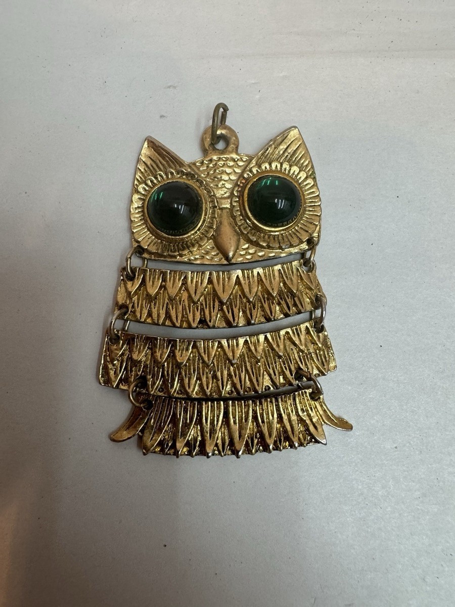 vintage gold tone green eyed owl pendant large | eBay US