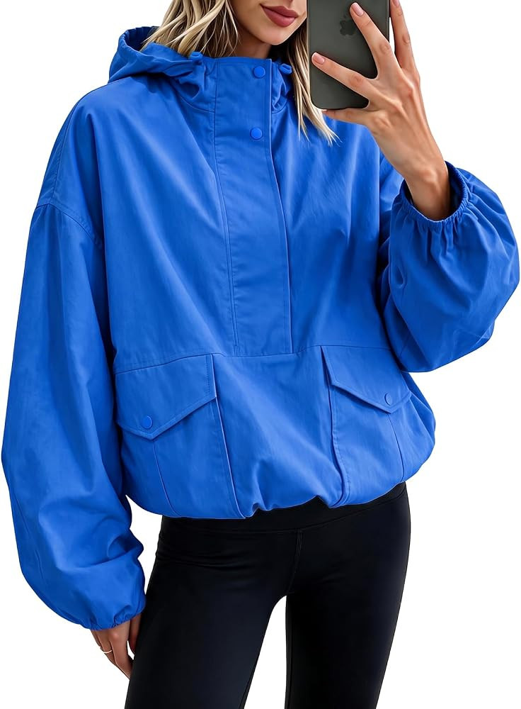 Fisoew Womens Windbreaker Jackets Hooded Half Zip Hiking Light Coats | Amazon (US)