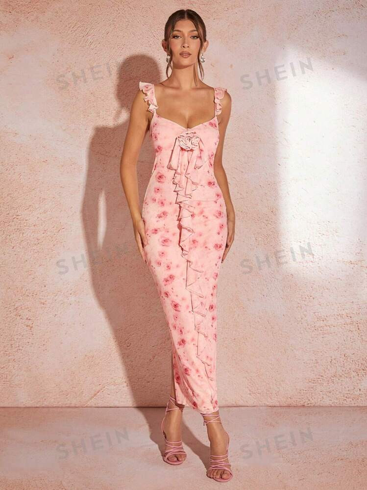 SHEIN BAE Women's Bodycon Ruffled Dress With Floral Print, Spaghetti Straps, Mesh Ruffle And 3D F... | SHEIN