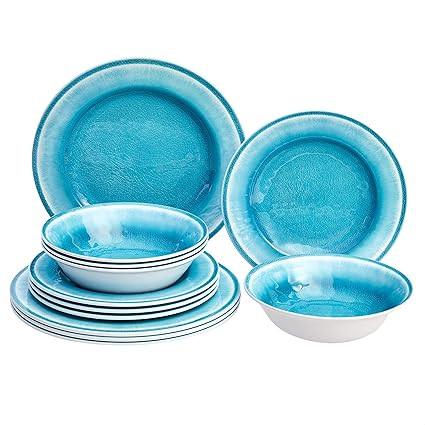 Amazon Basics Melamine Dinnerware Set, Service for 4, Teal Crackle Glaze - Set of 12 | Amazon (US)