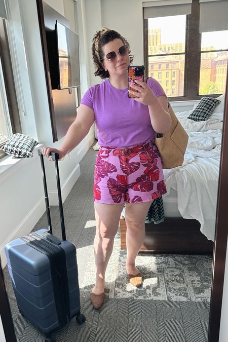 What I wore: travel day road trip edition. Comfiest, cutest tropical print paper bag shorts and purple tee with my favorite slide-on leather mules. Shorts & shirt run TTS- size 12/L. 

#LTKtravel #LTKstyletip #LTKmidsize