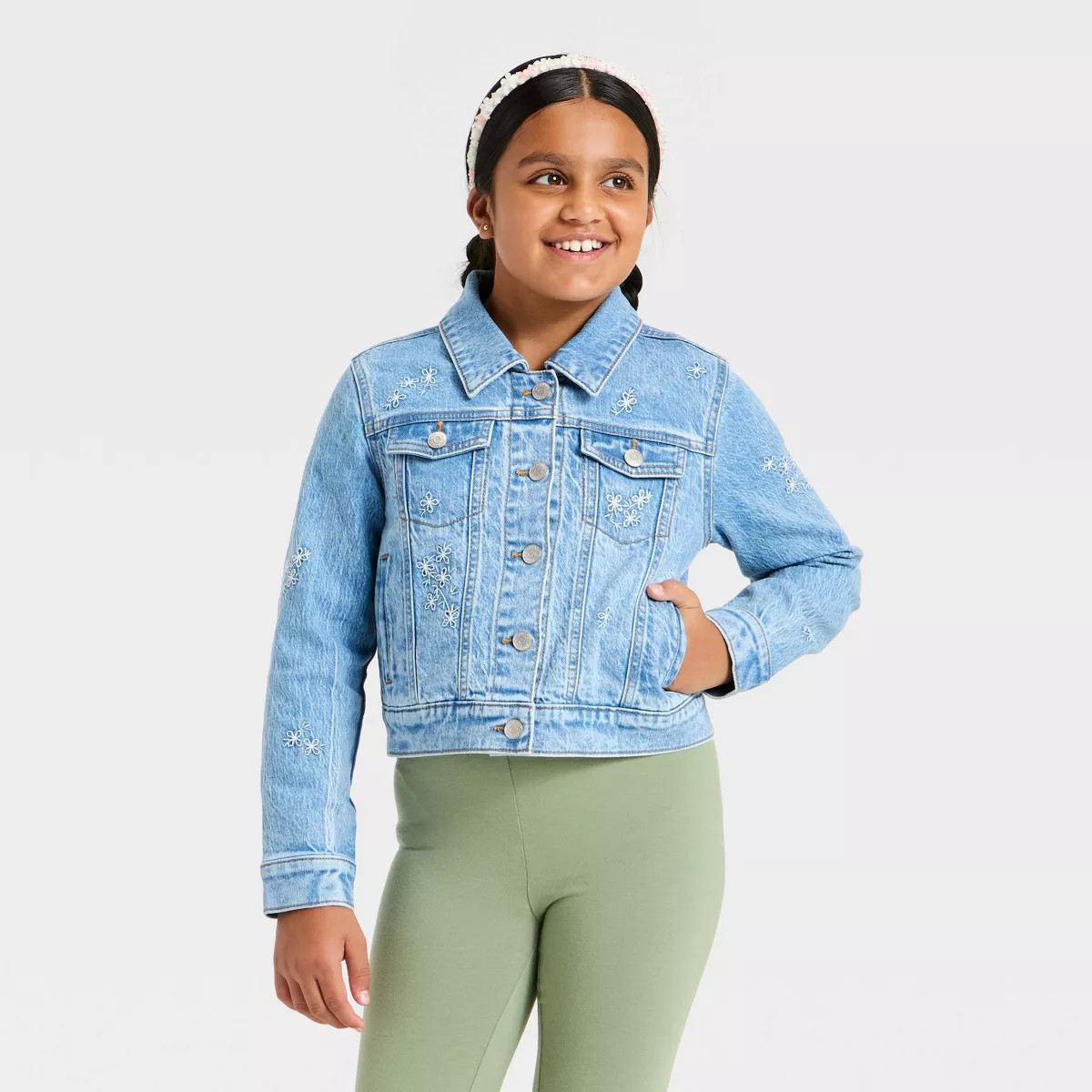 Girls' Floral Floral Embroidered Denim Jacket- Cat & Jack™ Medium Wash M | Target