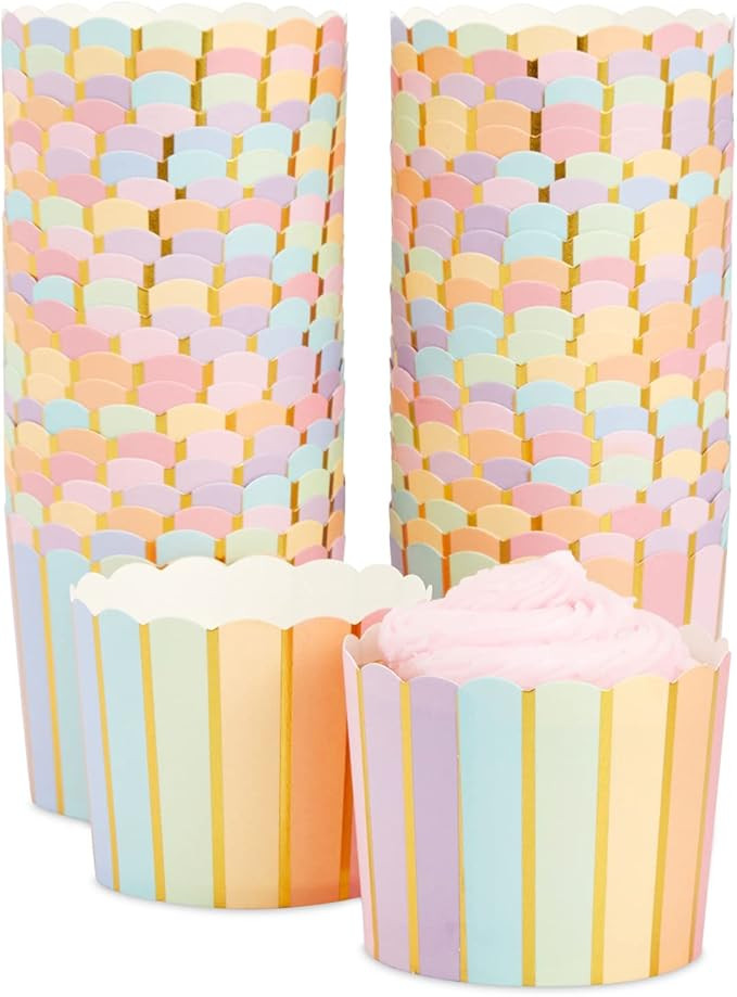 50 Pack Pastel Rainbow Cupcake Liners Wrappers with Gold Foil, Muffin Paper Baking Cup | Amazon (US)