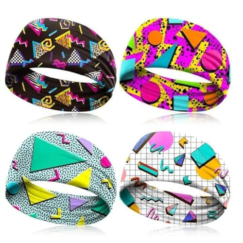 4 Pack 80s 90s Neon Headbands Outfit Accessories for Women Men Retro Vintage Fashion Sweatbands 90s Athletic Elastic Hairband for Hip Hop Party Style Hiking Cycling Running | Amazon (US)