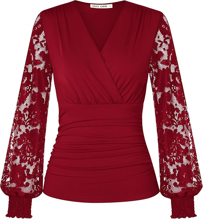 GRACE KARIN Womens Tops Dressy Casual, Elegant Lace Sleeve Shirts Wrap Ruched Blouses, 2026 Sprin... | Amazon (US)