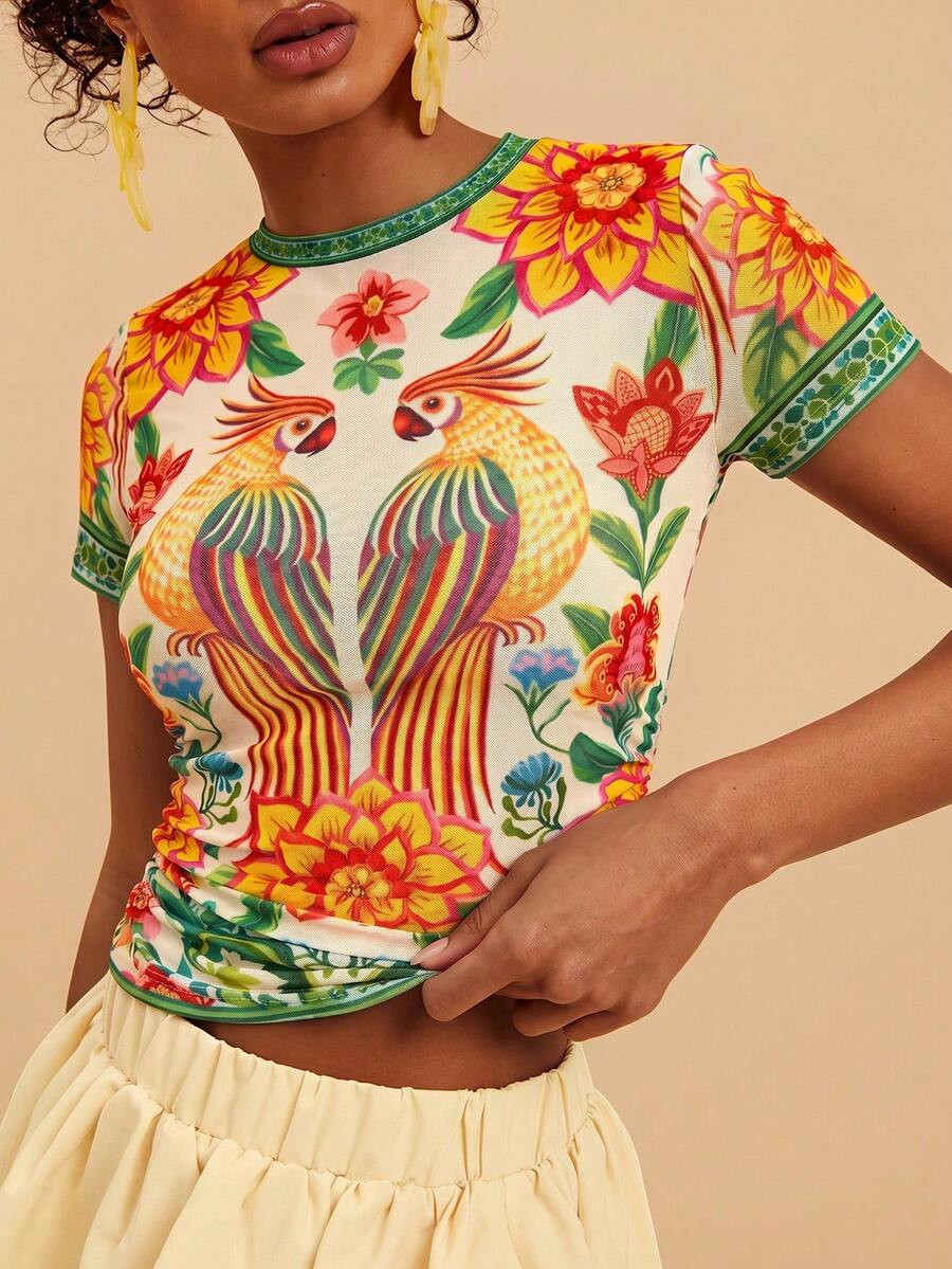 Travachic Women's Floral Parrot Print Round Neck Short Sleeve Top For Vacation Beach Vacation Off... | SHEIN